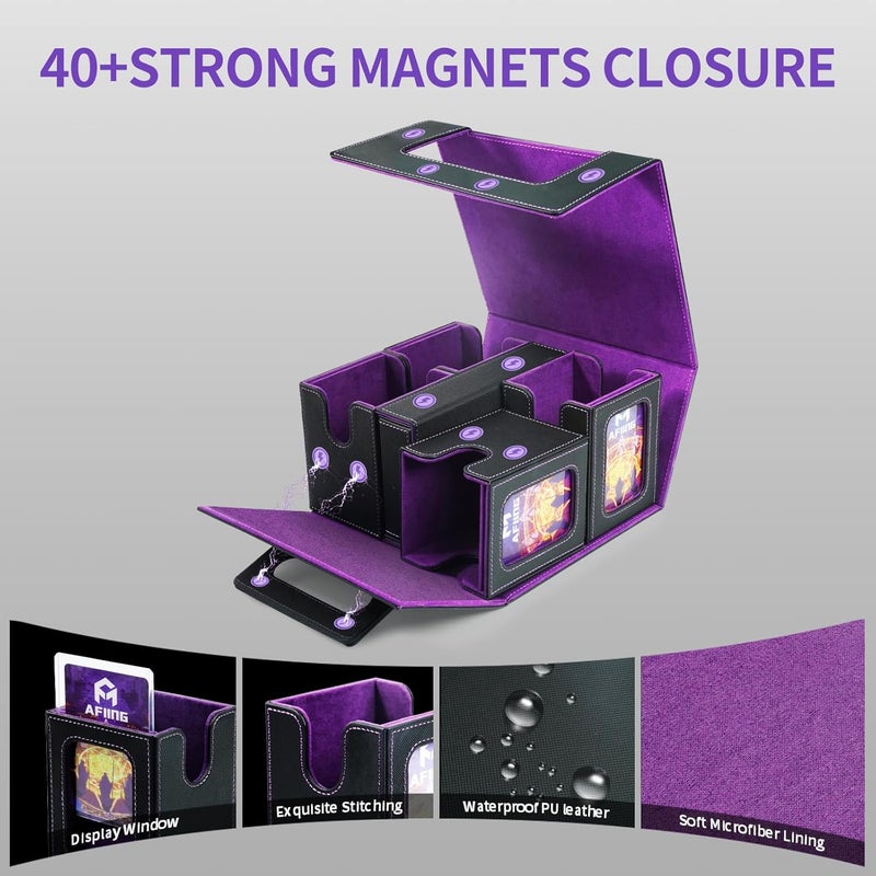 AFIING Commander Deck Box for MTG, Holds 400+ Double-Sleeved Cards, 4 Removable Deck Cases with Display Window, Dice Tray/Handle,Trading Card Storage Organizer/Dividers for TCG (Black Purple) - Image 4